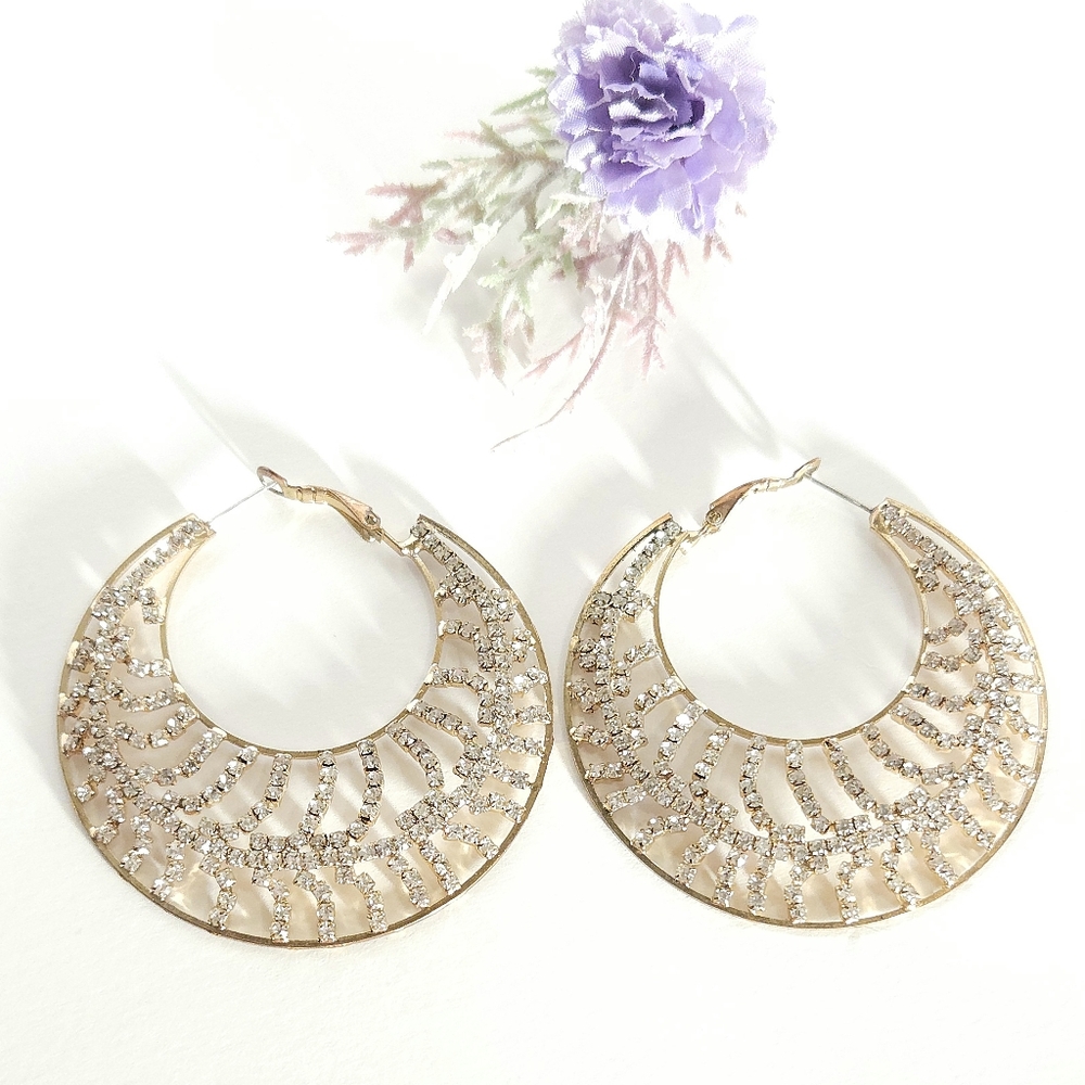 Gold Tone Crystal Hoop Earrings Large Crystal Statement Hoop Earrings - Picture 2 of 14